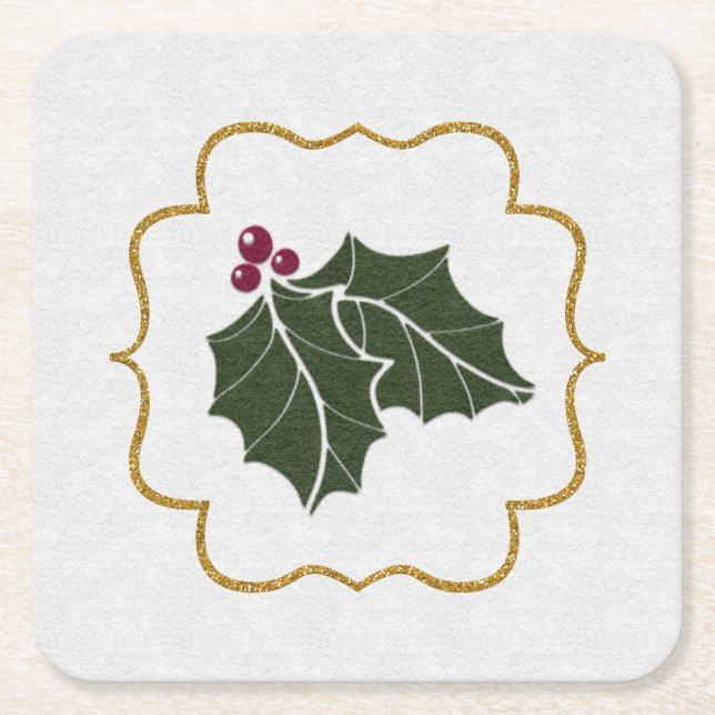 Faux Felt and Gold Glitter Holly Leaves Berries Square Paper Coaster (Front)