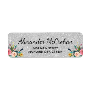 Faux Floral Silver Glitter Foil Return Address