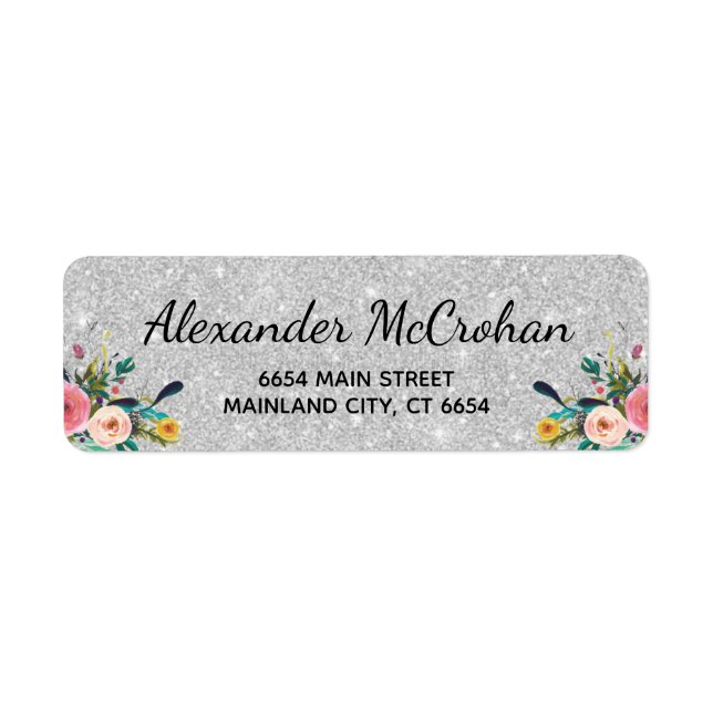 Faux Floral  Silver Glitter Foil Return Address (Front)