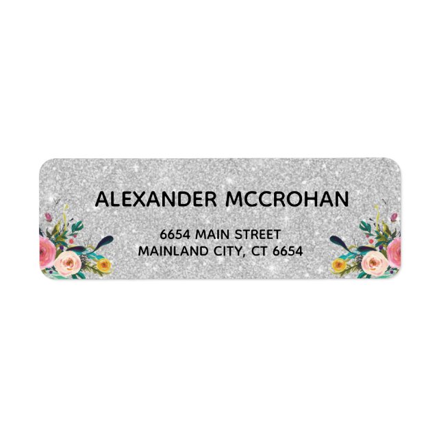 Faux Floral  Silver Glitter Foil Return Address (Front)