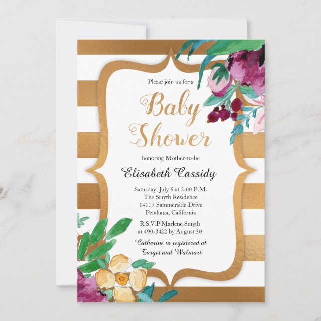 Faux Foil and Flowers Baby Shower Invites (Front)