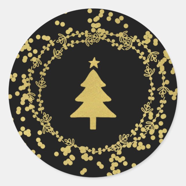 Faux Foil Christmas Tree Round Sticker - Gold Blac (Front)
