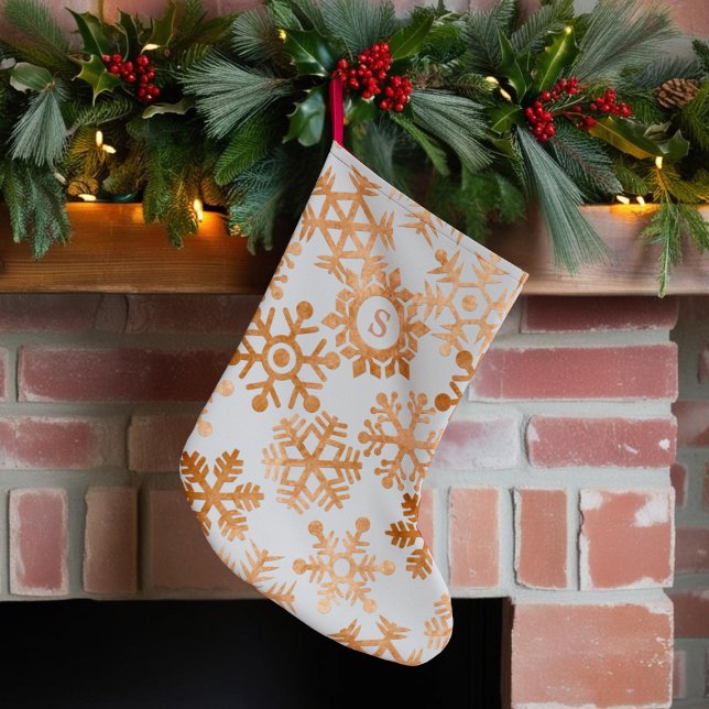 Faux Foil Copper Snowflake Gray Christmas Stocking (Get ready to snuggle up by the fire with this charming snowflake stocking. Just add your initial)