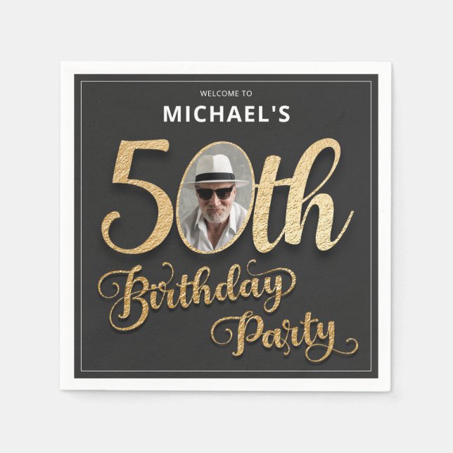 Faux Foil Custom Photo Black Gold 50th Birthday  Napkin (Front)