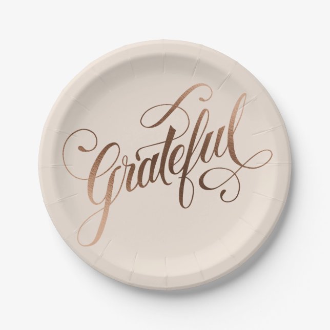 Faux-foil Elegant Grateful Script for Thanksgiving Paper Plate (Front)
