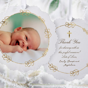  faux foil frame Baptism thank you  Tree Decoration Card