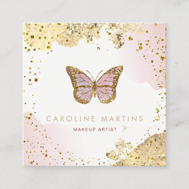 FAUX foil glitter watercolor blush butterfly Square Business Card (Front)