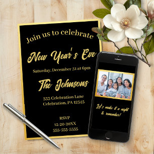 Faux Foil Gold Black Photo New Year’s Eve Party Invitation