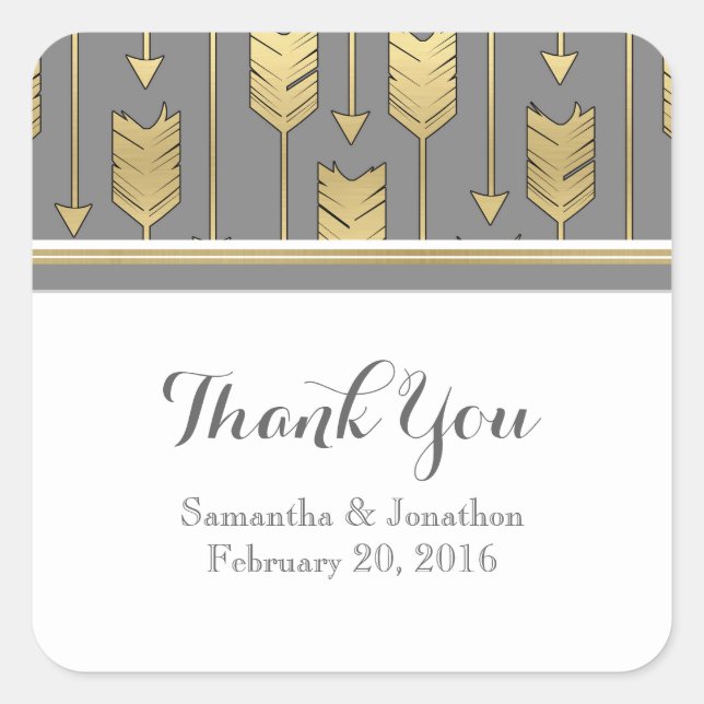 Faux Foil Golden Arrows Grey Wedding Thank You Square Sticker (Front)
