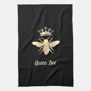 faux foil queen bee on black tea towel