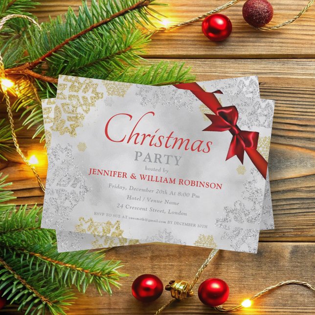 FAUX Foil Snowflakes Xmas Holiday Ribbon Silver Invitation (FAUX Foil Snowflakes Xmas Holiday Ribbon Silver Invitation)