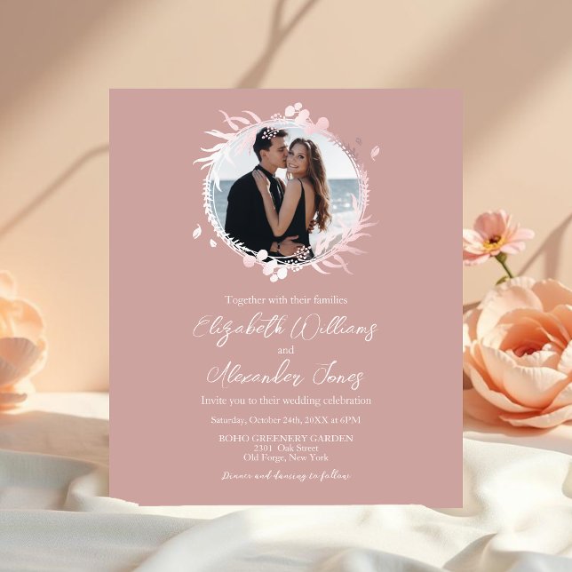 Faux Foil Wreath Photo Budget Wedding Invitation (Creator Uploaded)
