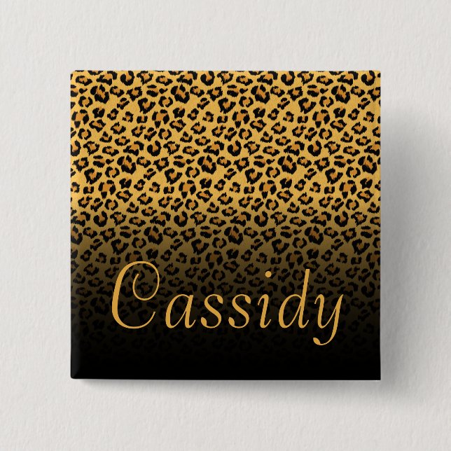 Faux Fur Wild Leopard Print with Gold Name 15 Cm Square Badge (Front)
