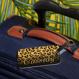 Faux Fur Wild Leopard Print with Gold Name Luggage Tag
