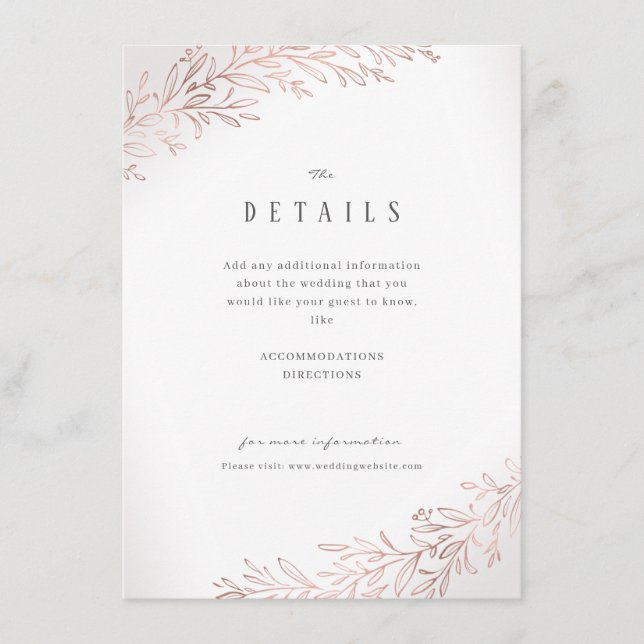 Faux gilded rose gold botanical wedding details enclosure card (Front)
