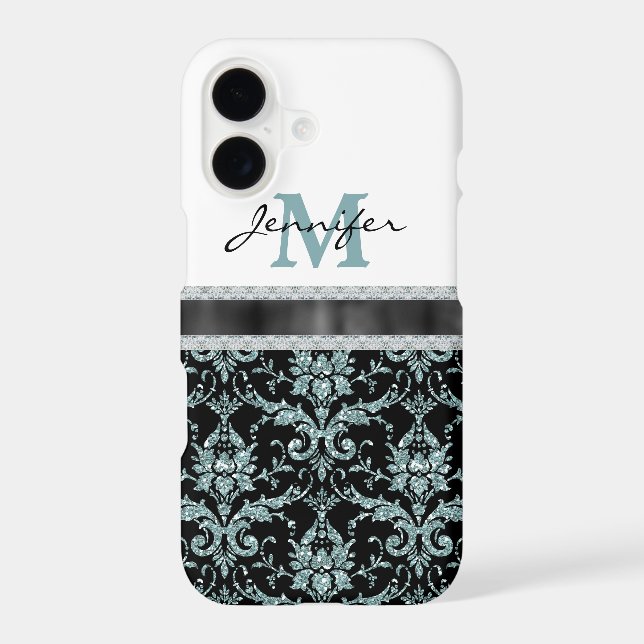 Faux Glitter Aqua Damask Monogram (Back)