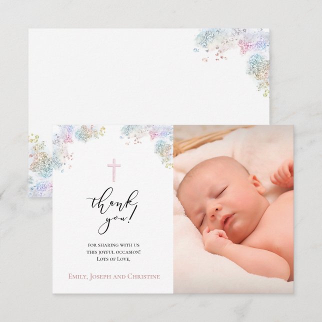 faux glitter baptism thank you baby girl invitation (Front/Back)