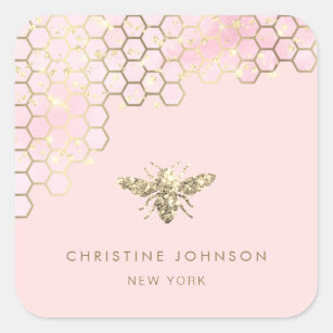 faux glitter bee on blush pink square sticker