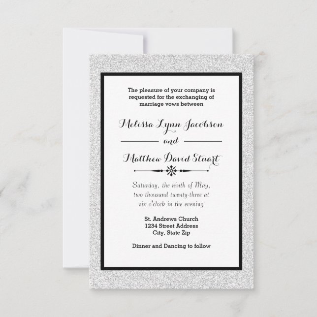 Faux Glitter & Black Framed-3x5 Wedding Invitation (Front)