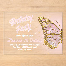 faux glitter butterfly design Birthday Invitation