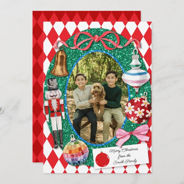 Faux Glitter Christmas Ornaments Card  (Front/Back)