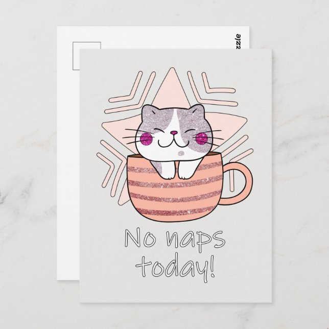 Faux Glitter, Cute Cat in Coffee Mug Postcard (Front/Back)