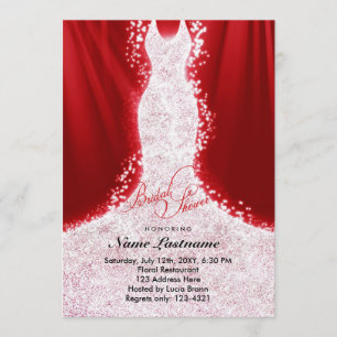 Faux Glitter Dress on Red Bridal Shower Invite