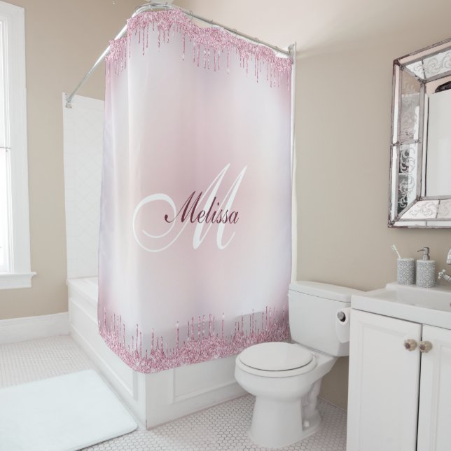 faux glitter drip trendy monogram shower curtain (In Situ)
