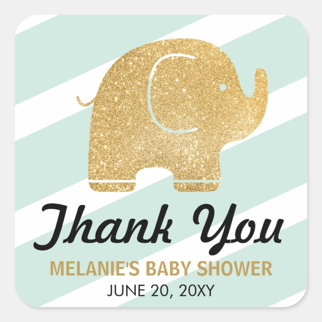 Faux Glitter Elephant Mint Thank You Stickers (Front)