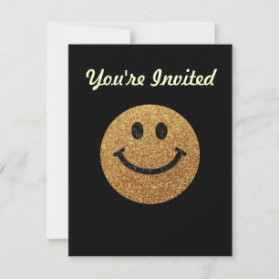 Faux Glitter Gold Happy Face - matte sparkles Invitation