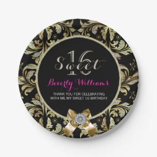 Faux Glitter & Gold Lace On Black Sweet 16 2 Paper Plate