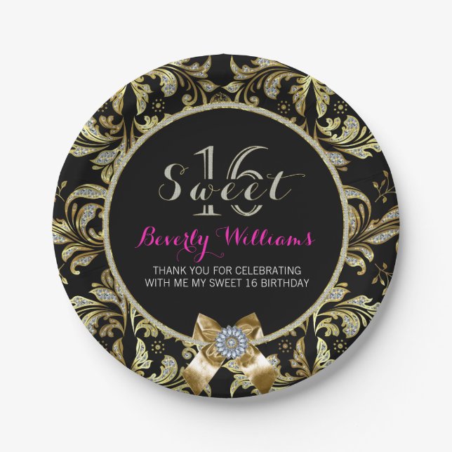 Faux Glitter & Gold Lace On Black Sweet 16 2 Paper Plate (Front)
