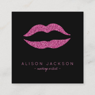 Faux glitter hot pink lips on black makeup artist square business card