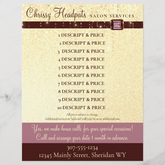 Faux glitter jewel hair stylist salon price list custom letterhead (Front)