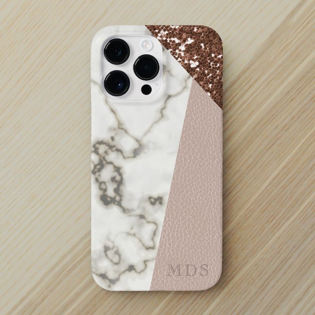Faux Glitter Modern Marble Rose Gold Pink Case-Mate iPhone Case (There's a faux glitter marble leather party on this phone case & you're invited to add your initials)