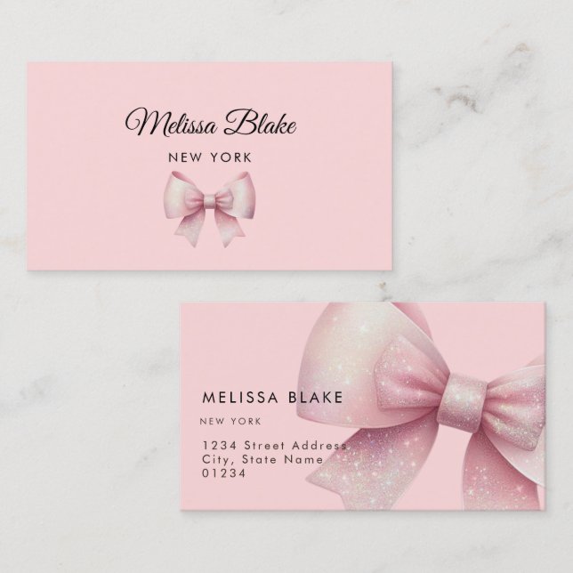 faux glitter pink bow design business card (Front/Back)