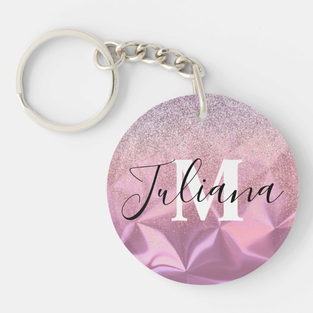 Faux Glitter Pink Brushed Metal Monogrammed  Key Ring (Front)