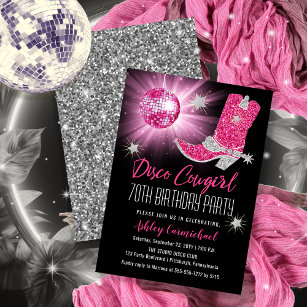 Faux Glitter Pink Disco Cowgirl 70 Birthday Party Invitation