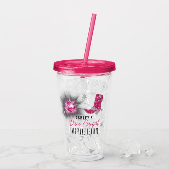 Faux Glitter Pink Disco Cowgirl Bachelorette Party Acrylic Tumbler (Back Ice)