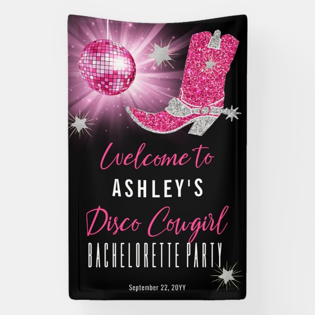 Faux Glitter Pink Disco Cowgirl Bachelorette Party Banner (Vertical)