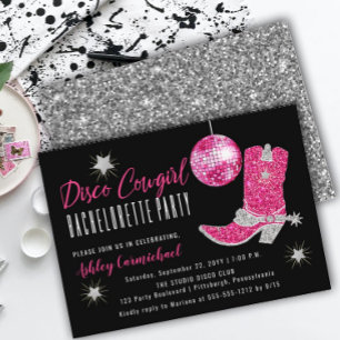 Faux Glitter Pink Disco Cowgirl Bachelorette Party Invitation