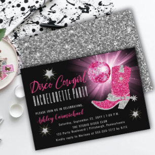 Faux Glitter Pink Disco Cowgirl Bachelorette Party Invitation