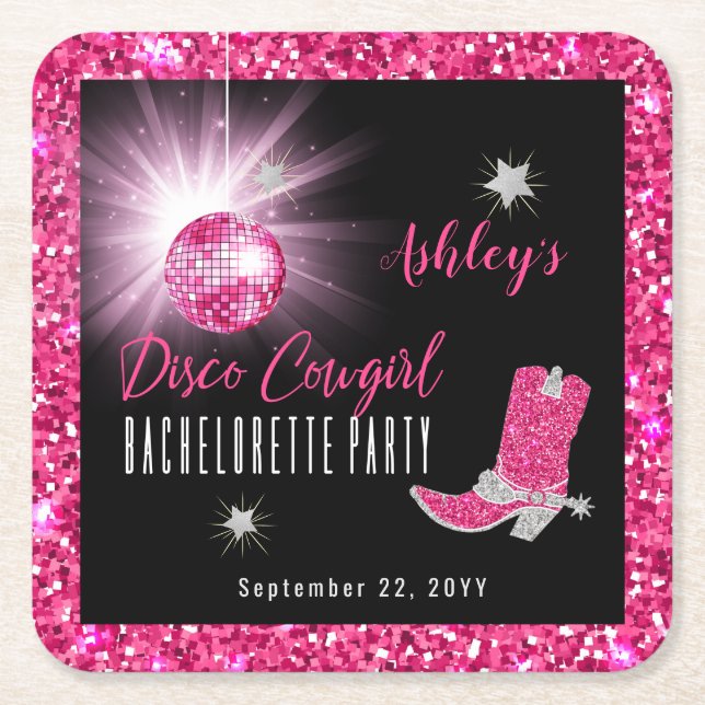 Faux Glitter Pink Disco Cowgirl Bachelorette Party Square Paper Coaster (Front)