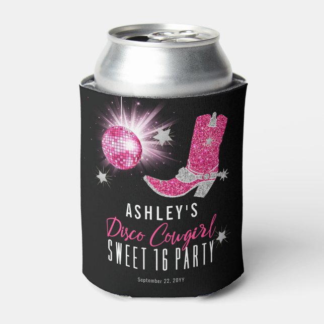 Faux Glitter Pink Disco Cowgirl Sweet 16 Party Can Cooler (Can Front)