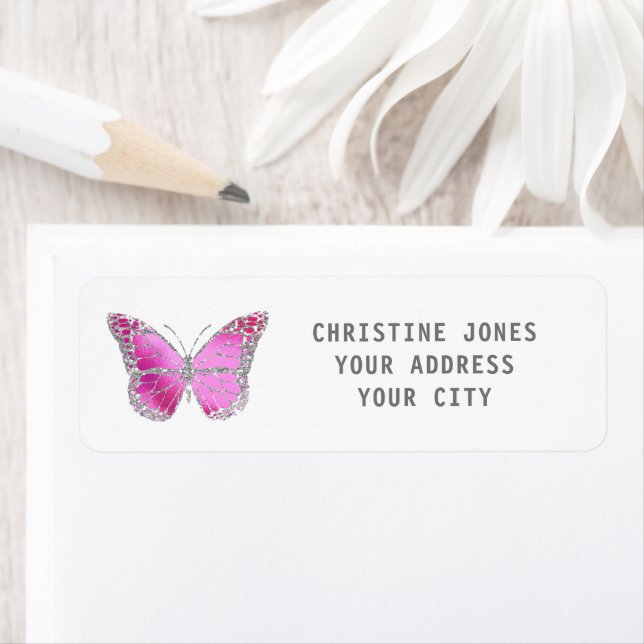 faux glitter pink grey butterfly label (Insitu)