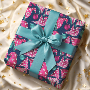 Faux Glitter Pink Whimsical Christmas Gnome Hats Wrapping Paper