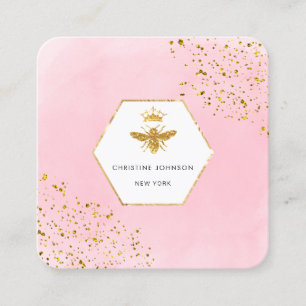 faux glitter queen bee logo on pink watercolor square business card