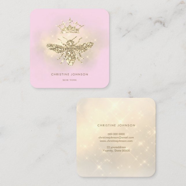 faux glitter queen bee on pink square business card (Front/Back)