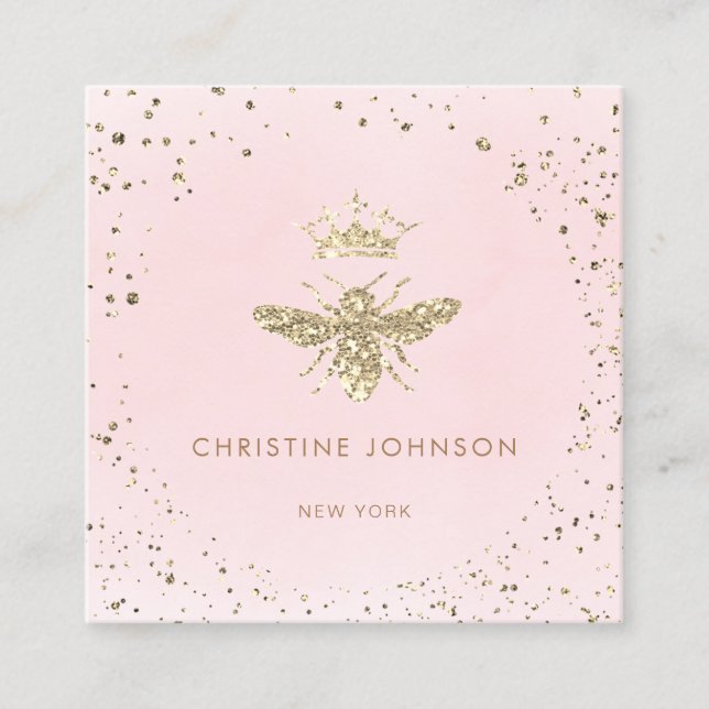faux glitter queen bee pink watercolor square business card (Front)
