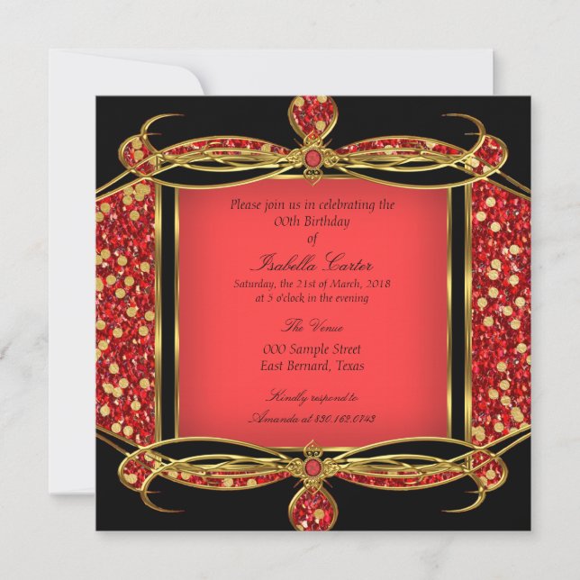 Faux Glitter Red Gold Black Birthday Party Invitation (Front)